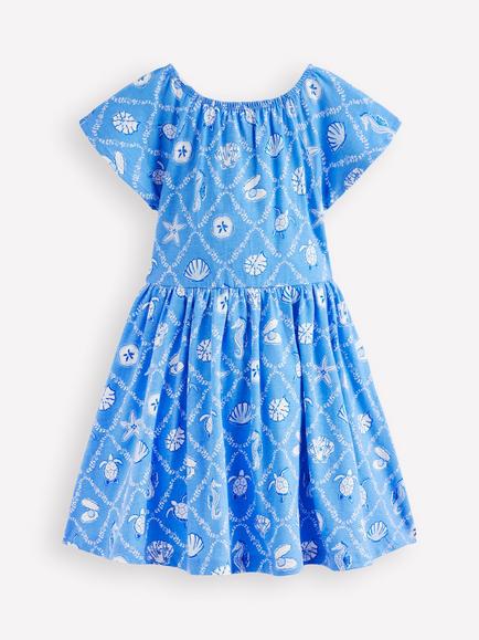 Mini Boden Kids' Cotton Flutter Sleeve Dress, Cabana Blue Mermaids - view 2, Cabana Blue Mermaids