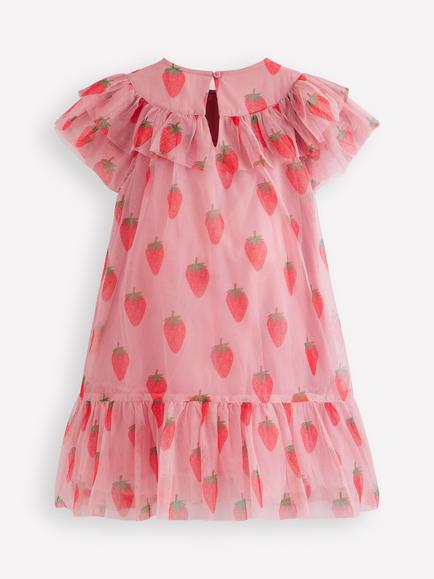Mini Boden Kids' Printed Tulle Frill Dress, Pink Stamp - view 2, Pink Stamp