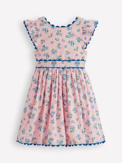 Mini Boden Kids' Flutter Sleeve Ric Rac Trim Dress, Chalk Pink Daisy, Chalk Pink Daisy