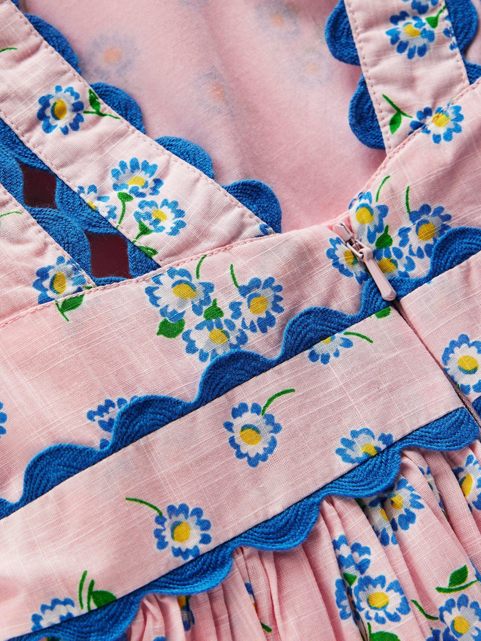 Mini Boden Kids' Flutter Sleeve Ric Rac Trim Dress, Chalk Pink Daisy