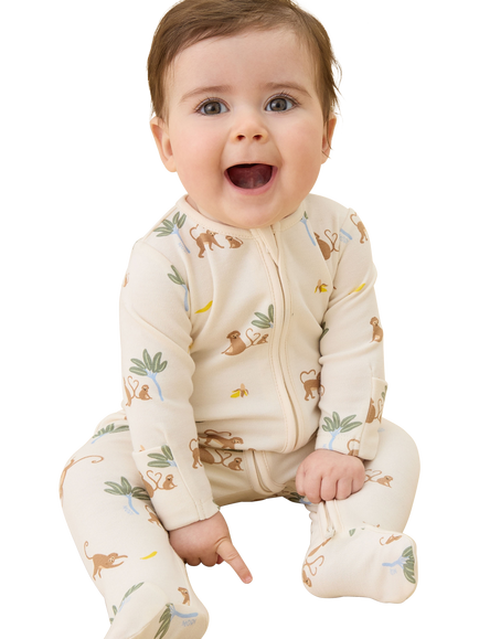 MORI Baby Clever Zip Long Sleeve Sleepsuit, Monkey Print - view 2, Monkey Print