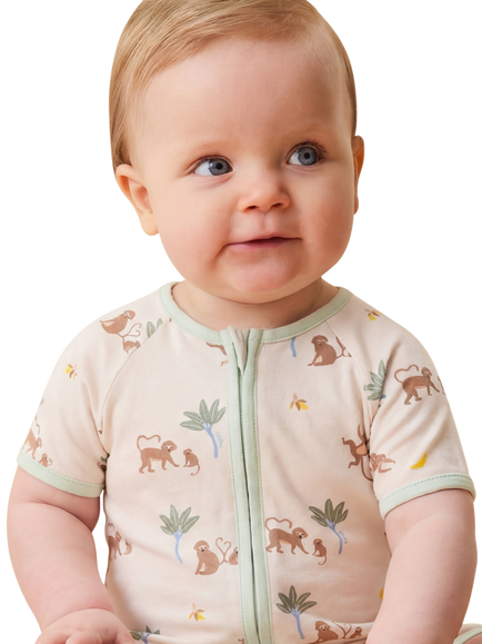 MORI Baby Short Sleeve Summer Sleepsuit, Monkey Print - view 2, Monkey Print