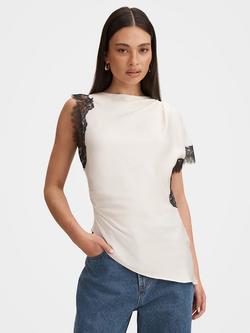 Forever New Dixie Asymmetric Lace Top, Cream/Black, Cream/Black