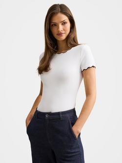 Forever New Rebecca Scallop Trim T-Shirt, Porcelain/Black, Porcelain/Black