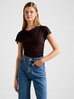 Forever New Stormi Spliced Shoulder Ruffle Top, Bitter Chocolate