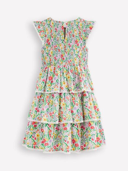 Mini Boden Kids' Tiered Lace Woven Dress, Multi Spring Floral - view 2, Multi Spring Floral