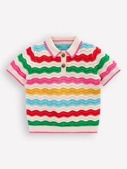 Mini Boden Kids' Knitted Short Sleeve Polo Top, Ecru Marl Multi Wave, Ecru Marl Multi Wave