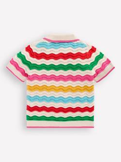 Mini Boden Kids' Knitted Short Sleeve Polo Top, Ecru Marl Multi Wave - view 2, Ecru Marl Multi Wave