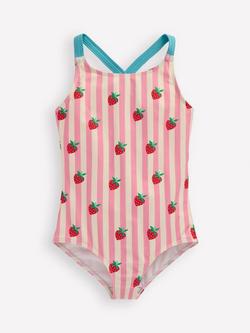 Mini Boden Kids' Cross Back Printed Swimsuit, Pink Stripe, Pink Stripe