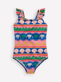 Mini Boden Kids' Hallie Frill Strap Swimsuit, Sea Shell Stripe, Sea Shell Stripe