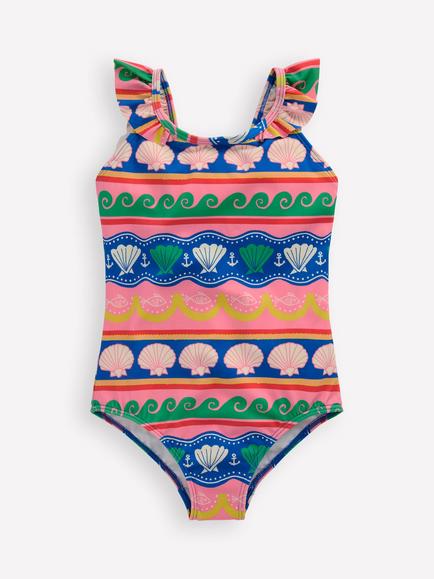 Mini Boden Kids' Hallie Frill Strap Swimsuit, Sea Shell Stripe, Sea Shell Stripe