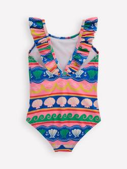 Mini Boden Kids' Hallie Frill Strap Swimsuit, Sea Shell Stripe - view 2, Sea Shell Stripe