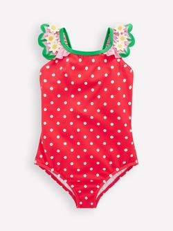 Mini Boden Kids' Hallie Frill Strap Swimsuit, Red Spot Daisy, Red Spot Daisy