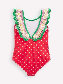 Mini Boden Kids' Hallie Frill Strap Swimsuit, Red Spot Daisy - view 2, Red Spot Daisy