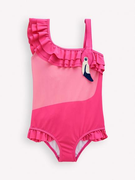 Mini Boden Kids' One Shoulder Flamingo Appliqué Swimsuit, Sorbet Pink Flamingo, Sorbet Pink Flamingo