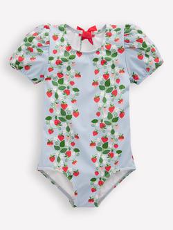 Mini Boden Kids' Puff Sleeve Swimsuit, Blue Strawberry Vine, Blue Strawberry Vine