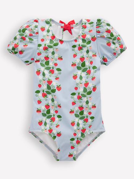 Mini Boden Kids' Puff Sleeve Swimsuit, Blue Strawberry Vine, Blue Strawberry Vine
