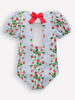 Mini Boden Kids' Puff Sleeve Swimsuit, Blue Strawberry Vine - view 2, Blue Strawberry Vine