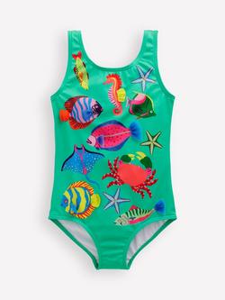 Mini Boden Kids' Scoop Back Applique Swimsuit, Aquamarine Blue Fish, Aquamarine Blue Fish
