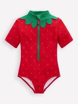 Mini Boden Kids' Short Sleeve Strawberry Swimsuit, Poppy Red, Poppy Red Strawberry