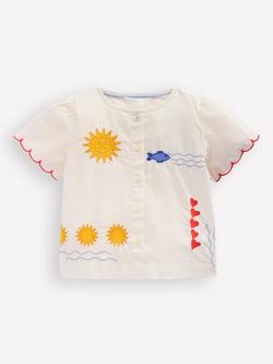 Mini Boden Kids' Short Sleeve Button Front Blouse, Ivory Embroidery, Ivory Embroidery