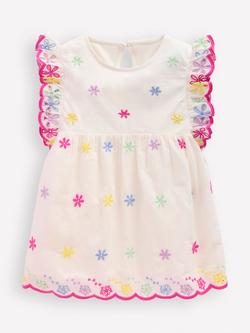 Mini Boden Kids' Cotton Embroidered Scallop Top, Coconut Milk, Coconut Milk