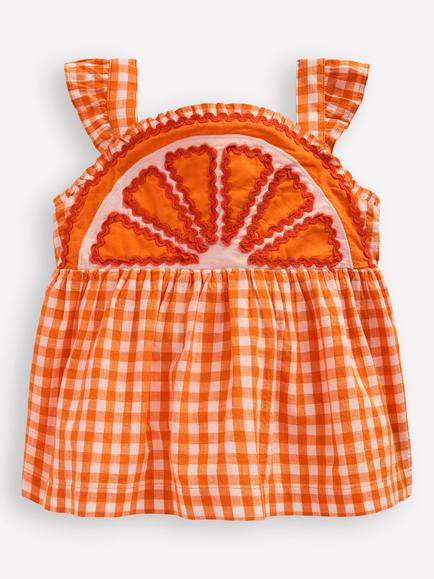 Mini Boden Kids' Strappy Ric Rac Fruit Top, Orange/Ivory, Orange/Ivory