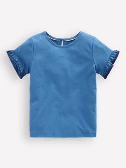 Mini Boden Kids' Ruffle Sleeve T-Shirt, Delft, Delft