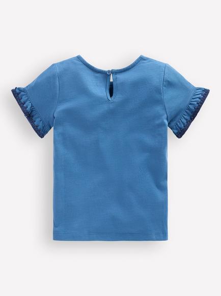 Mini Boden Kids' Ruffle Sleeve T-Shirt, Delft - view 2, Delft