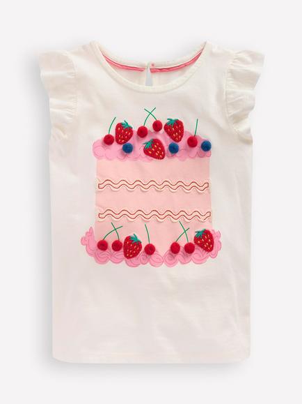 Mini Boden Kids' Short Sleeve Frill Birthday Cake Top, Ivory, Ivory Cake