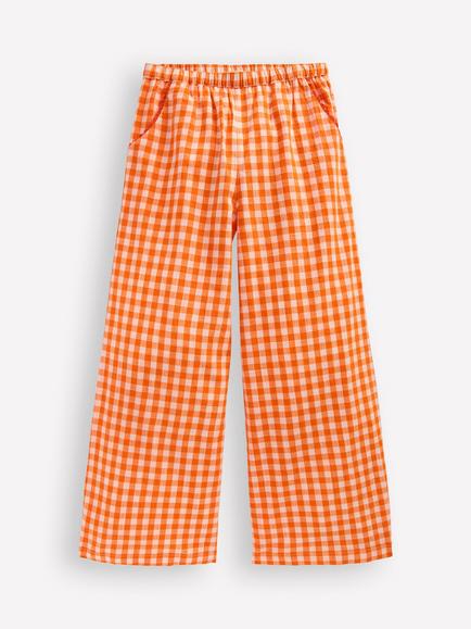 Mini Boden Kids' Wide Leg Trousers, Orange/Ivory Gingham, Orange/Ivory Gingham