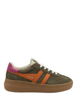 Gola Classics Athena Suede Lace Up Trainers, Khaki/Clementine/Fuchsia, Khaki/Clementine/Fuchsia