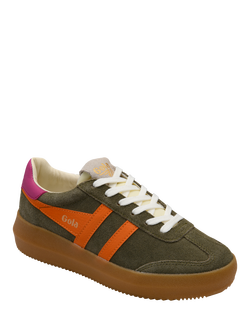 Gola Classics Athena Suede Lace Up Trainers, Khaki/Clementine/Fuchsia - view 2, Khaki/Clementine/Fuchsia