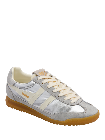 Gola Classics Firefly Metallic Lace Up Trainers, Silver/Off White - view 2, Silver/Off White