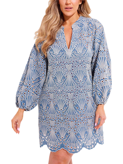 Seaspray Freya Embroidered Dress, Blue, Blue/White