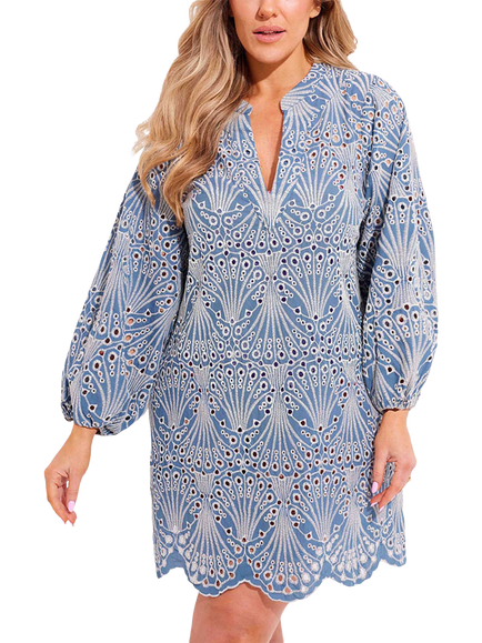 Seaspray Freya Embroidered Dress, Blue, Blue/White