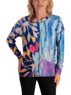 chesca Abstract Leaf Print Jersey Top, Blue/Multi, Blue/Multi