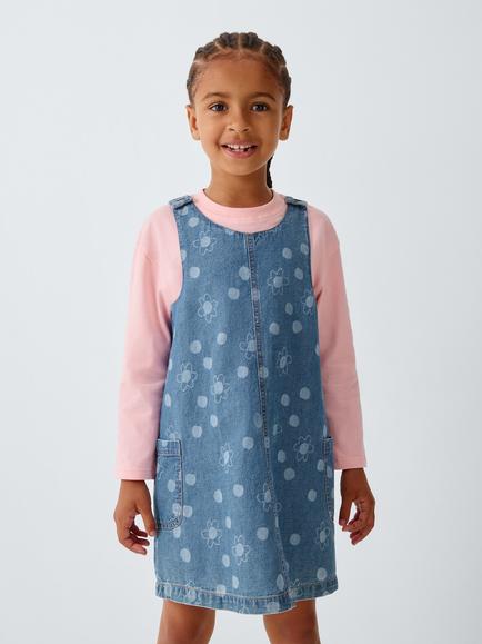 John Lewis Kids' Cotton Denim Floral Patterned Pinafore Dress with Top, Multi, Multi