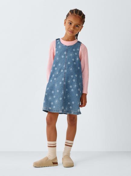 John Lewis Kids' Cotton Denim Floral Patterned Pinafore Dress with Top, Multi - view 2, Multi