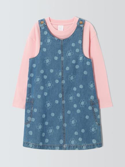 John Lewis Kids' Cotton Denim Floral Patterned Pinafore Dress with Top, Multi, Multi