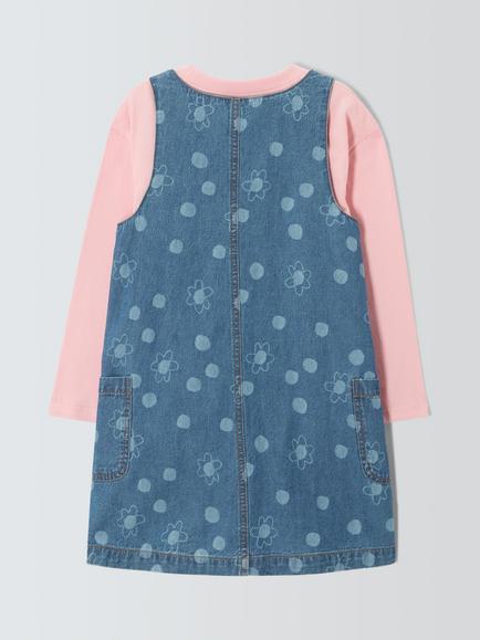 John Lewis Kids' Cotton Denim Floral Patterned Pinafore Dress with Top, Multi - view 2, Multi