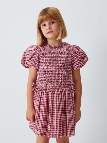 John Lewis Kids' Gingham Puff Sleeve Dress, Pink/Berry, Pink, Berry