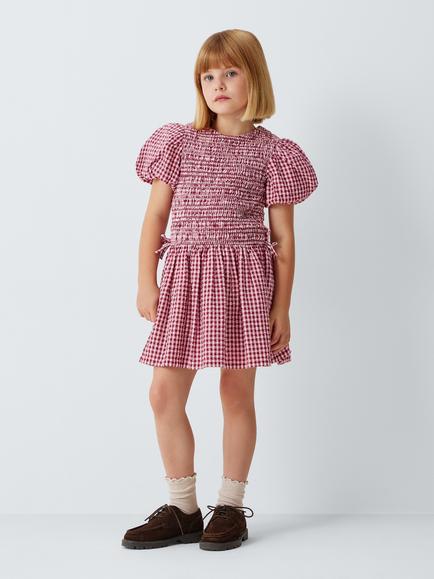 John Lewis Kids' Gingham Puff Sleeve Dress, Pink/Berry - view 2, Pink, Berry