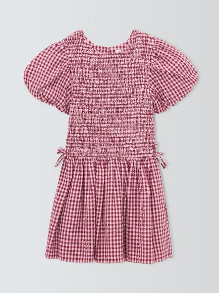 John Lewis Kids' Gingham Puff Sleeve Dress, Pink/Berry, Pink, Berry