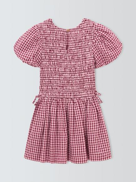 John Lewis Kids' Gingham Puff Sleeve Dress, Pink/Berry - view 2, Pink, Berry