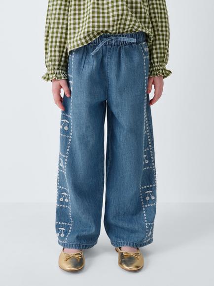 John Lewis Kids' Cherry Emblem Wide Leg Denim Trousers, Blue, Blue