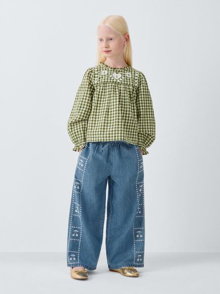 John Lewis Kids' Cherry Emblem Wide Leg Denim Trousers, Blue - view 2, Blue