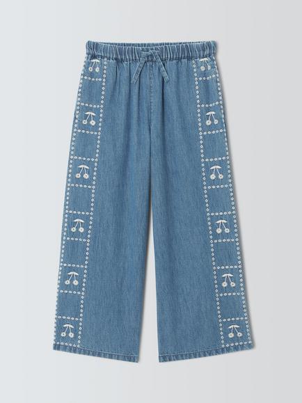 John Lewis Kids' Cherry Emblem Wide Leg Denim Trousers, Blue, Blue