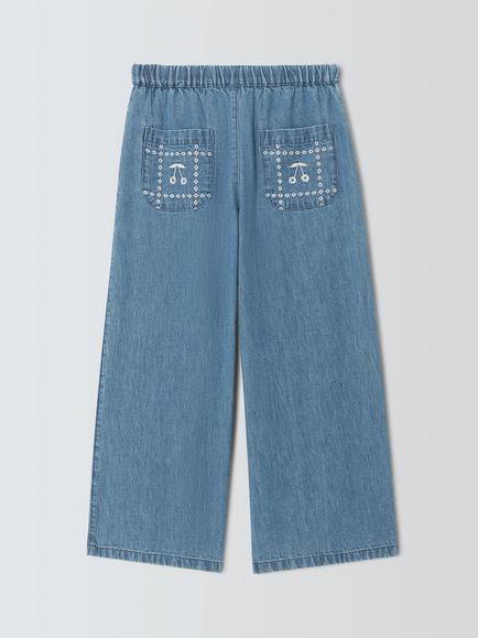 John Lewis Kids' Cherry Emblem Wide Leg Denim Trousers, Blue - view 2, Blue