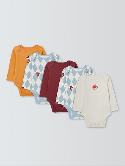 John Lewis Baby Fox Long Sleeve Bodysuits, Pack of 5, Burgundy Multi, Burgundy Multi